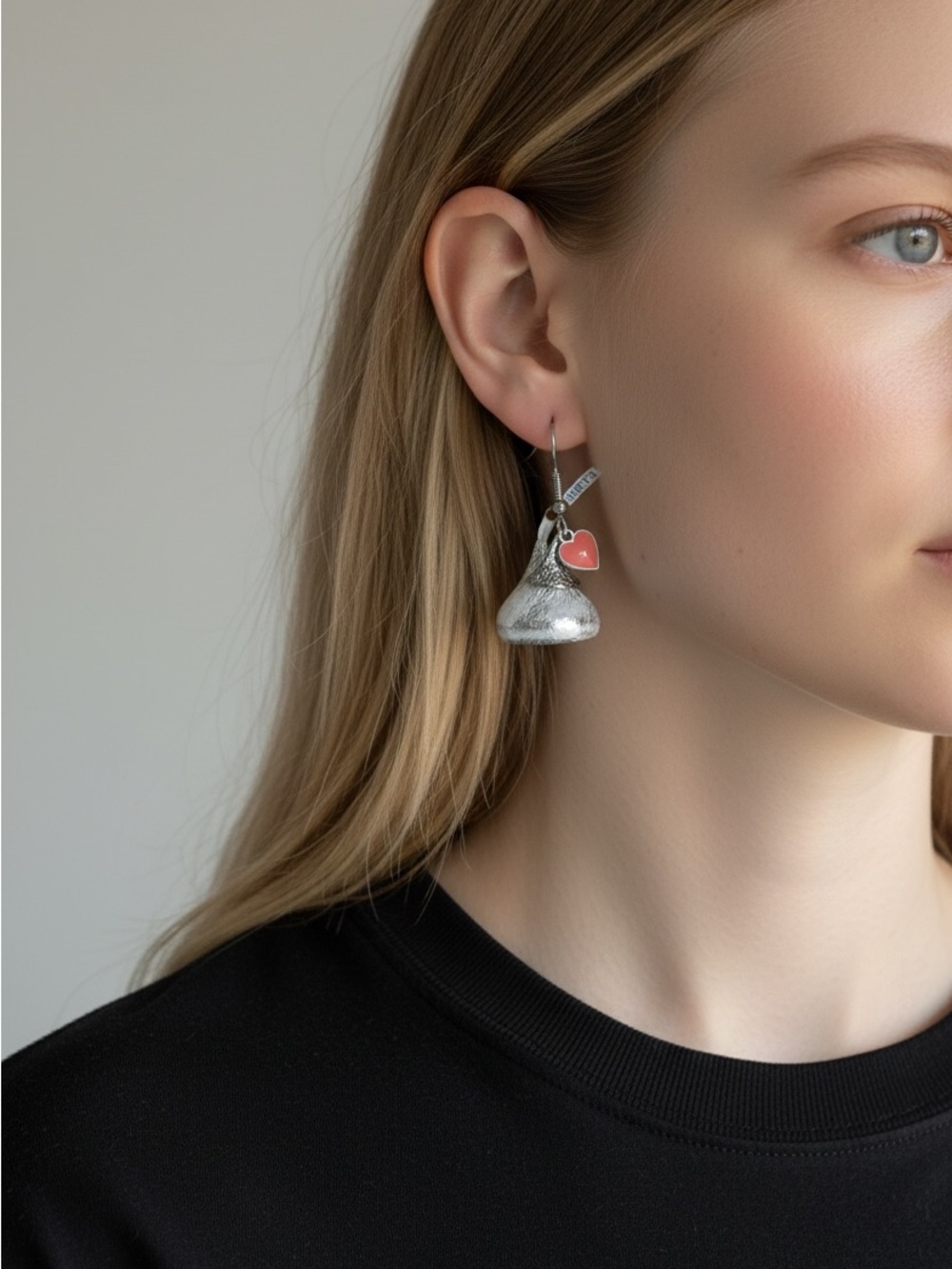 10/10 Silver Hershey Kiss & Pink Heart Drop Earrings - Women Jewelry